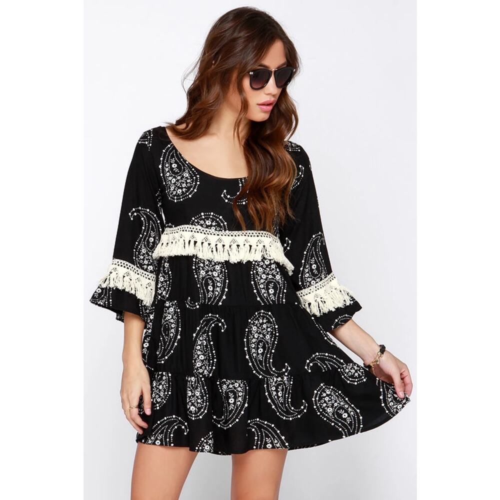 Lucy Love Boho Babydoll Fringe Mini Dress Festival Wedding Guest Night Out M EUC
